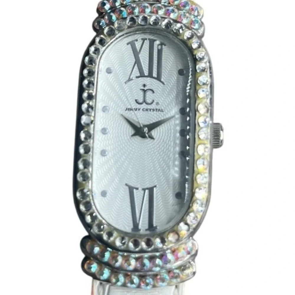 Jimmy Crystal Womens Oval Case Watch Rhinestone White Band Water Resistant WJ532